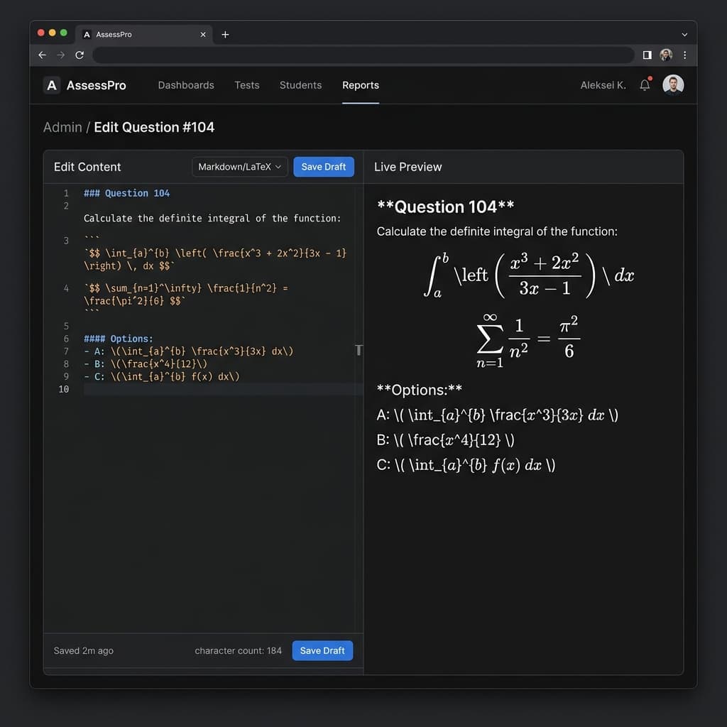 Admin editor showing split pane with LaTeX source and rendered preview