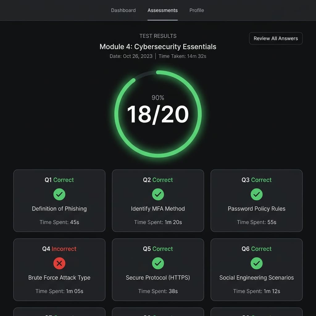 Results page showing score, correct answers and time per question